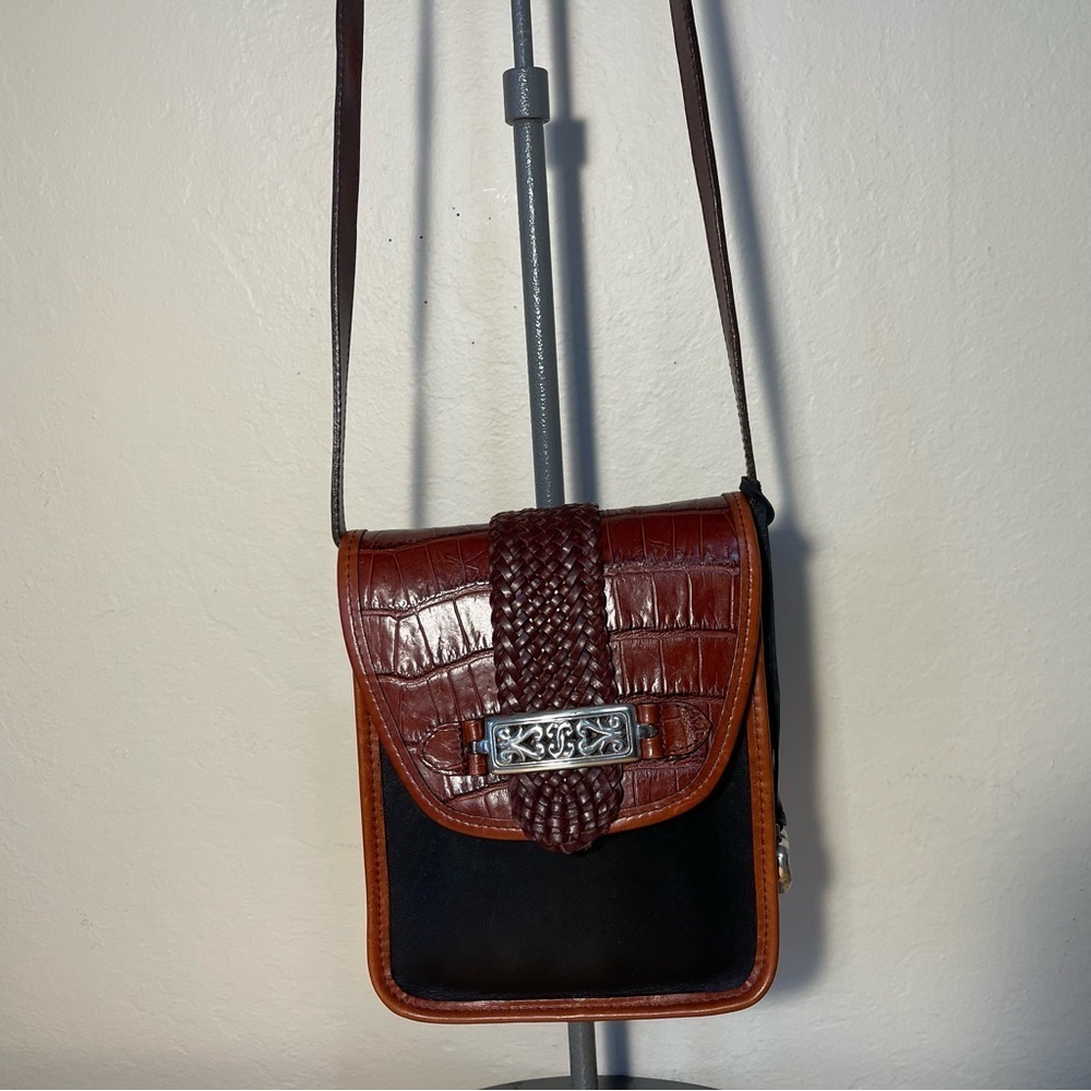 Vintage Brighton Black Brown Woven Leather Shoulder Bag Silver Heart Hardware